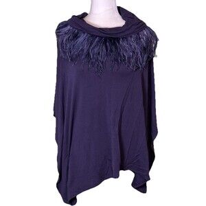 Chicos Women’s Plum Boho Luxe Feather Trim Cowl Neck Poncho Artsy Batwing Sz S/M